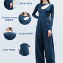 RONGTAI One Piece Jumpsuit for Women Long Sleeve Cutout Neck High Waist Dressy Casual Stright Leg Romper (Blue, L)