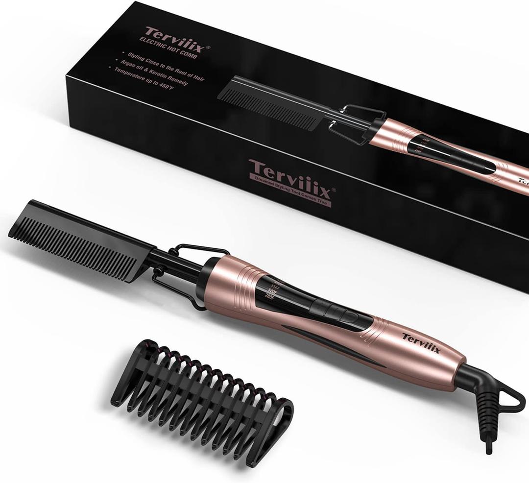 Terviiix Electric Hot Comb for Lace Front Wigs, Pressing Combs for Black Women Hair, Anti-Scald Straightening Comb with Keratin & Argan Oil Infused Teeth, Temperatures Adjustable, 60 Min Auto Shut Off (Rose Gold)