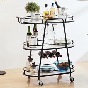 White 3 Tiers Bar Cart, Home Bar Serving Cart on Lockable Wheels, Rolling Alcohol Cart with Guardrail Wine Rack, Modern Wine Cart for Home Kitchen Dining, Living Room, Large