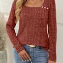 AUTOMET Womens Long Sleeve Shirts Fall Tops Fashion Outfits 2025 Asymmetric Square Neck Sweaters Dressy Casual Tunic Clothes (Medium, Caramel)