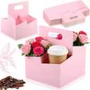 Jetec 50 Pcs 4 Cup Pink Drink Carrier with Handle, Kraft Paperboard Disposable Cup Holder, Food Delivery Accessories for Mother's Day Hot/cold Drinks, to Go Coffee Drink Holder for Flower Gifts