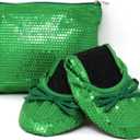 Silky Toes Women's Foldable Sequin Shoes Dressy Ballet Flats Roll Up Slipper Shoe with Matching Carrying Pouch (Medium, Kelly Green)