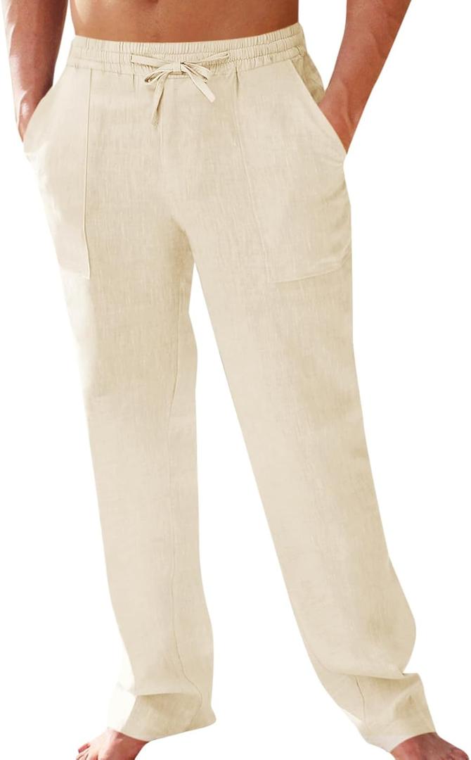 PASLTER Men's Cotton Linen Pants Elastic Waist Drawstring Casual Trouser Lightweight Straight-Legs Loose Beach Yoga Pants (White, L)