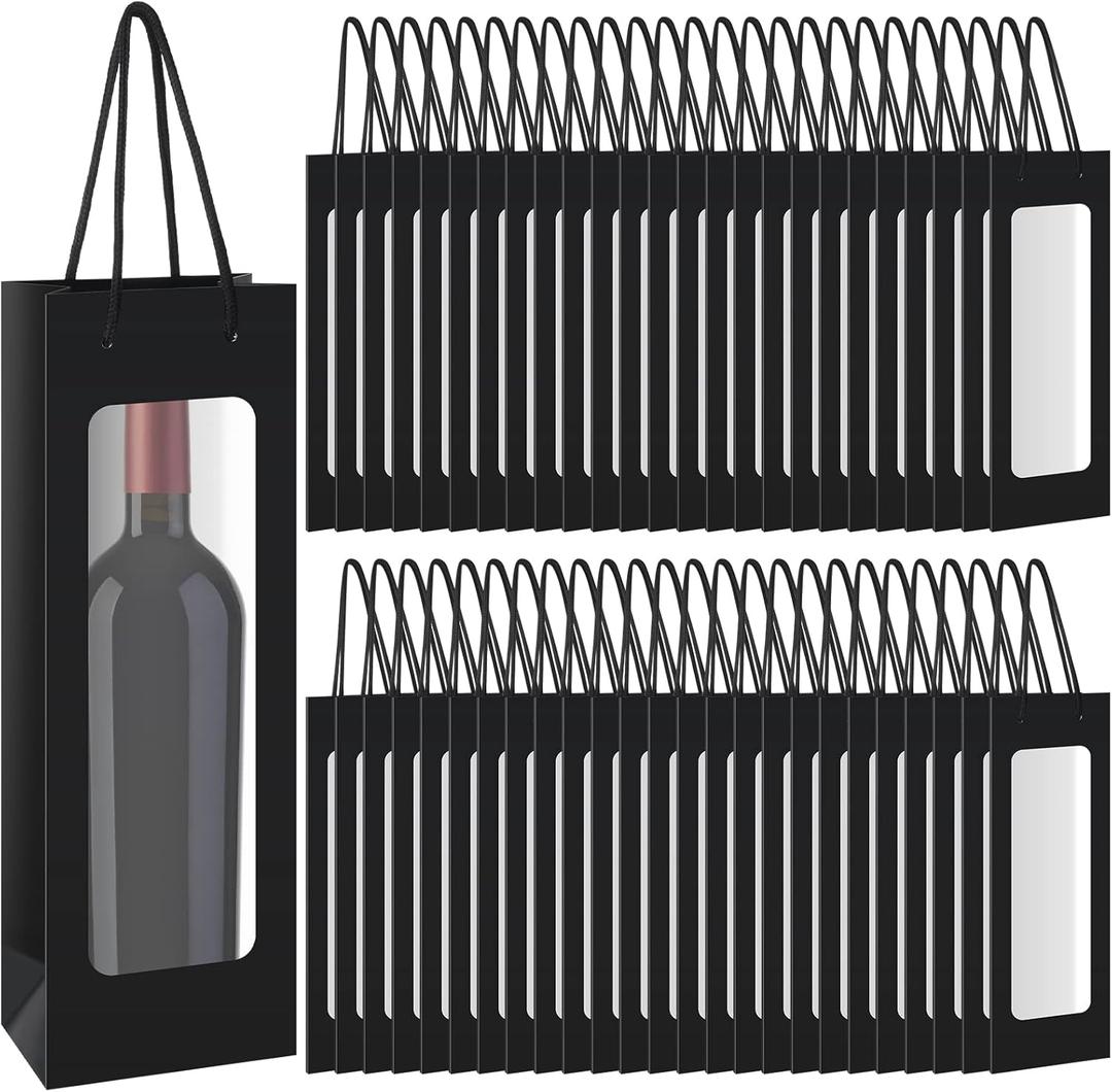 Geelin 50 Pcs Wine Gift Bag with Window 4.9" x 3.6" x 14.2" Kraft Paper Wine Bags with Windows Kraft Paper Flower Wrapping Bag Transparent Window Bags for Valentine Birthday Wedding Gifts(Black)