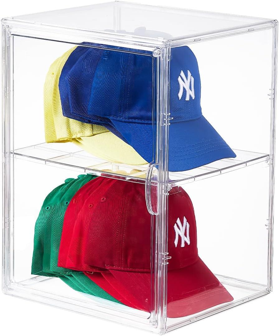 Hat Organizer Box,Hat Display Case,Stackable Clear Baseball Caps Storage Box Containers with Double-Sided Magnetic Door,Holds 15 Hats (XXL-1Pack-with Divider)