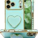 Cute Case for iPhone 17 Pro Max 6.9'', Green Plating Luxuly Phone Heart Case with Love-Heart Kickstand, Soft TPU Shockproof Protective Cover for Girls and Women