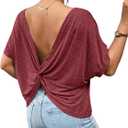 Women's Backless Twist Knot T Shirt Oversized Solid Short Sleeve Tees Open Back Asymmetrical Hem Casual Tops (Burgundy) S 