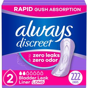 Always Discreet Incontinence Panty Liners for Bladder Leaks, Size 2, Very Light Absorbency, Long Length, 222 Count (2 Packs of 111)