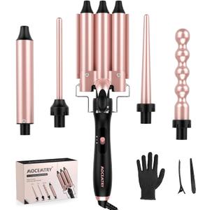 MOCEMTRY 5 in 1 Curling Wand Set with 3 Barrel Hair Crimper for WomenFast Heating Hair Wand Curler with Two Temp Control. (C528)