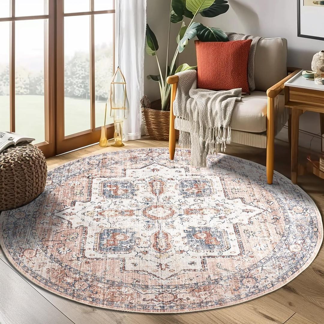 jinchan Round Rug 5ft Area Rug - Machine Washable 5'Circle Vintage Floral Non-Slip with Rubber Backing Ultra-Thin Low-Pile Carpet for Bedroom Living Room Dining Room Entryway (5'Round,Orange) (Retro Orange/Blue)
