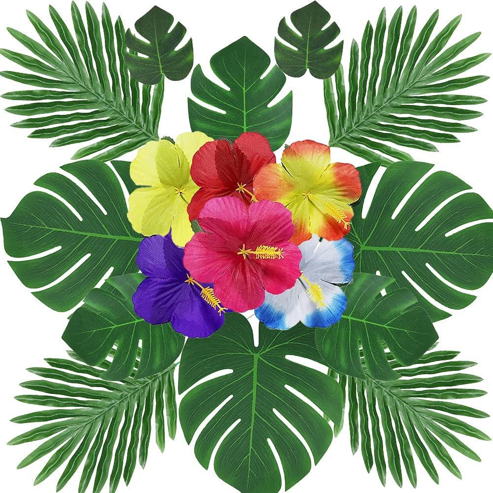 88Pack Artificial Palm Leaves Hibiscus Flowers Tropical Party Decorations, Simulation Hibiscus Faux Leaf with Stems for Hawaiian Luau Safari Jungle Beach Theme BBQ Birthday Dcor (5 Kinds)