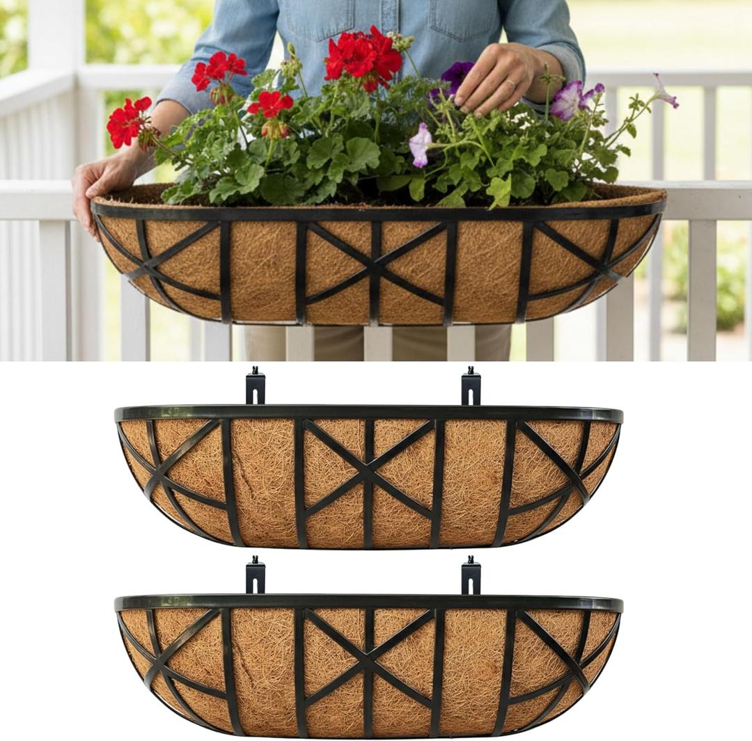 LaLaGreen 24 Inch, 2 Pack Railing Planters with Adjustable Mounting Brackets Black Metal Window Planter Boxes for Outdoor Gardening, Wall-Mount Flower Pots, Balcony Fence Patio, Porch, Garden