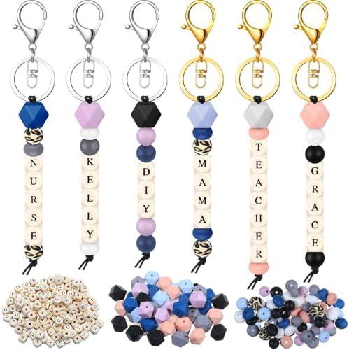 Landical 342 Pcs DIY Bead Keychain Kit Colorful Silicone Bead Personalized Letter Jewelry for DIY Key Ring Women Teacher Gift