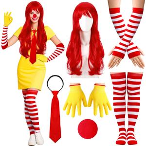 Maiteenly 6 Pcs Halloween Fast Food Clown Costumes Accessories Includes Wig Gloves Red White Striped Stockings and Arm Sleeves Sponge Nose Adjustable Necktie Red Yellow Clown Outfits for Women Cosplay (Adult, One Size)