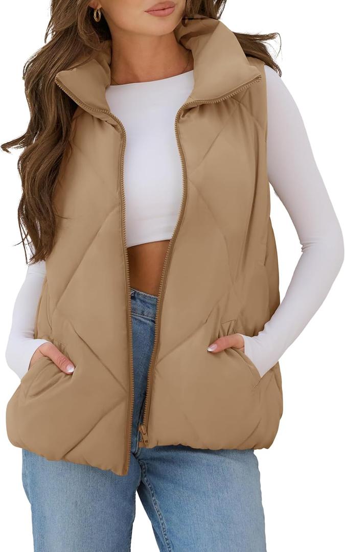 MEROKEETY Womens 2025 Puffer Vest Sleeveless Zip Up Quilted Coat Stand Collar Gilet Jacket With Pockets (Small, Khaki)