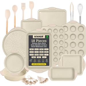 18-Piece Deluxe Nonstick Bakeware Set  Carbon Steel Baking Pans with White Marble Coating & Silicone Handles, Professional Kitchen Oven Set with Tools, Oven Safe to 446F
