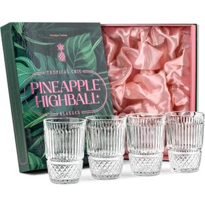 GLASSIQUE CADEAU Vintage Pineapple Gin and Rum Highball Cocktail Glasses | Set of 4 | 12 oz Tall Heavy Crystal Tumblers for Drinking Long Bar Drinks | Tropical Glassware Collection