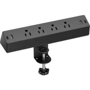 Desk Clamp Power Strip, Flat Plug Fast Charging Station, Desk Mount Surge Protector with PD 20W USB C Ports, Fit 1.7 inch Tabletop Edge Thick, Desktop Outlets for Home Office. (6FT) Black