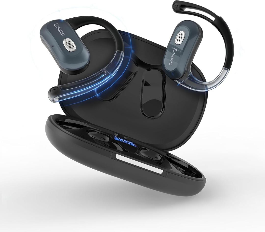 Essonio Open Ear Headphones Wireless Bluetooth 6.0, DT9.0 Directional Sound Earbuds with Ear Hooks 35H Playtime ENC Mic, IPX5 Waterproof for Running Workout Black