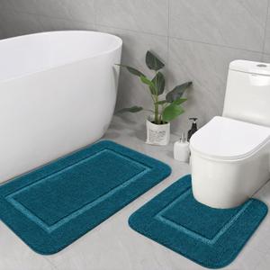 LOCHAS Bathroom Rug Set Peacock Blue, Soft Bath Rug Set 2 Piece Set, Toilet Mat U-Shaped 20x20 and 34x20 Bath Rugs, Quickly Dry Mats for Bathroom, Tub, Washable, Super Absorbent Floor Mat