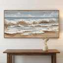 The Mode Art Ocean Wave Canvas Print Framed Beach Landscape Wall Decor Neutral Blue & Beige Artwork for Living Room Bedroom Sofa Fireplace 24x48inch