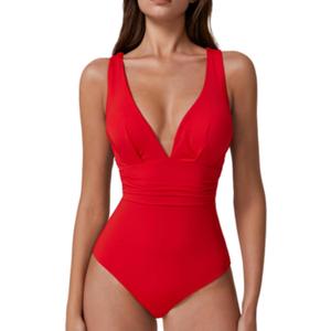 QINSEN Womens Sexy V Neck One Piece Bathing Suit Cross Back Swimsuit High Waist Monokini (Medium, Red)