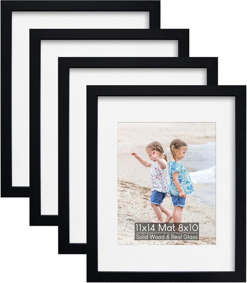 11x14 Picture Frame Set of 4, Holds 8x10 Photos with Mat or 11x14 without Mat, Solid Wood and Real HD Glass for Wall Mount, Picture Frames Collage Wall Dcor, Black
