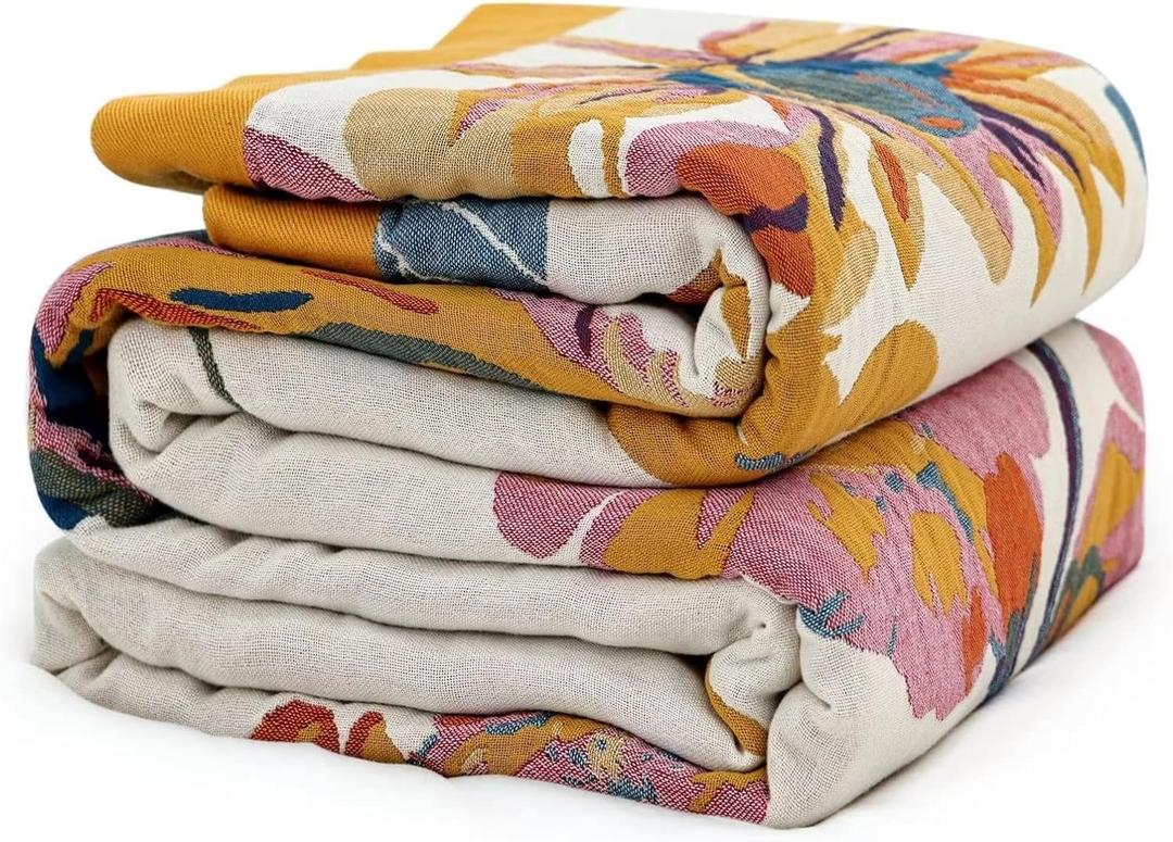 Boho Throw Blanket for Couch 100% Cotton Throw Floral Bed Blanket 80''x90'',Cotton Quilts Travel Knitted Muslin Blanket Home Decor Cozy Blankets for Women (80" x 90", D-flower and Butterfly)