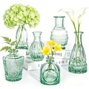 SUPMIND Glass Bud Vase Set, 6pcs Small Green Flower Vases for Table Centerpieces in Bulk, Mini Vintage Vase for Wedding, Home, Table Decoration