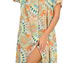 YOZLY House Dress Women Cotton Duster Robe Short Sleeve Housecoat Button Down Nightgown (X-Large, Floral Orange)