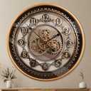 24 Inch Wall Clock with Moving Gears Large Industrial Steampunk Metal Clock Antique Gold Oversized Farmhouse Decor Wall Clock for Living Room Home Office(Bronze Brown-Arabic Numerals)