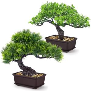Der Rose 2Pcs Small Fake Plants Artificial Bonsai Tree Set Ficus and Cedar for Office Desk Shelf Room Home Zen Decor Indoor (Green)