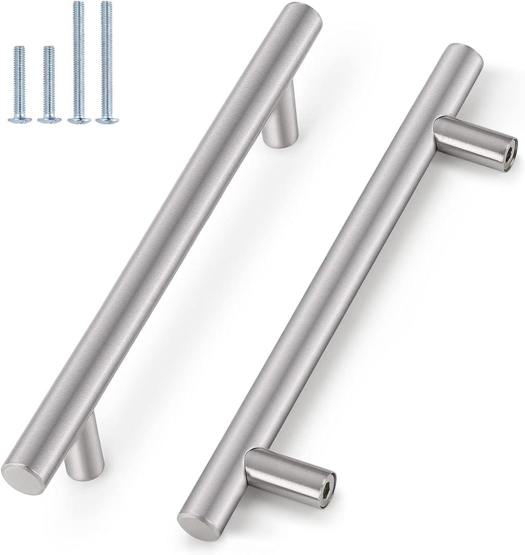 Probrico 10 Pack|T Bar Modern Cabinet Handles 6-1/3 inch Hole Centers, Stainless Steel Kitchen Cabinet Hardware Bedroom Drawer Pulls Euro Style Handles (Brushed Nickel)