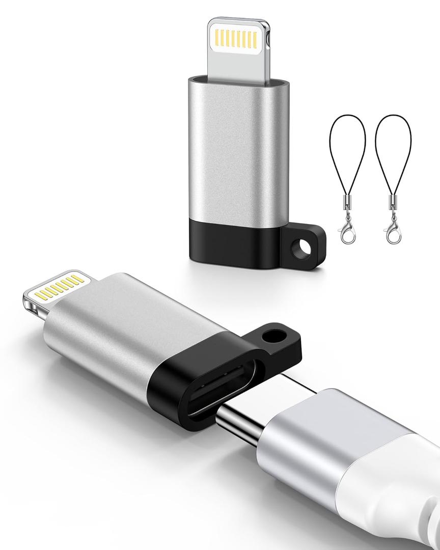 27W USB C to Lightning Adapter Fast Charging Data Sync, USB C Female to Lightning Male Adapter for iPhone/ iPad/ Airpods, 2 Pack Type-C to iPhone Cable Converter with Anti-Lost Loop, Not for Audio/OTG (Silver)
