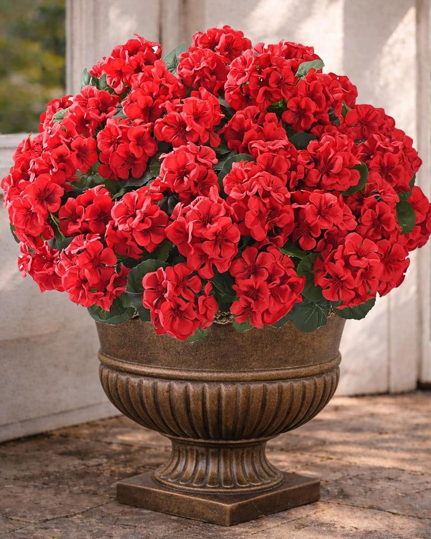 Artificial Flowers for Outdoors 6 Bundles of UV-Resistant Artificial Geraniums, Realistic Silk Flowers for Front Porch, Patio, Garden, Window Boxes & Hanging Baskets (Red, 6)