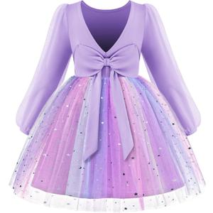 Arshiner Toddler Girls V Back Tutu Dress Tulle Puff Long Sleeve Wedding Birthday Party Fall Toddlers Dresses (3-4T, Purple Rainbow)