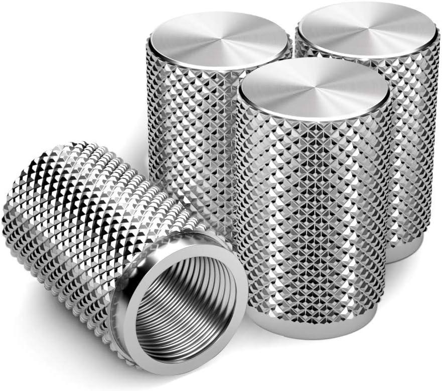 STEEL HAWK Tire Air Valve Caps  Precision CNC Machined Stainless Steel, Extended Knurled Design | Rust, Air Leak & Dust Proof Metal with O-Rubber Seal - Ideal for Vehicles - 4 Pack- Stainless Silver