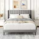 Queen Size Bed Frame with Upholstered Wingback Headboard, Easy Assemnly Platform Bed, Wooden Slat Support No Box Spring Needed, Light Gray