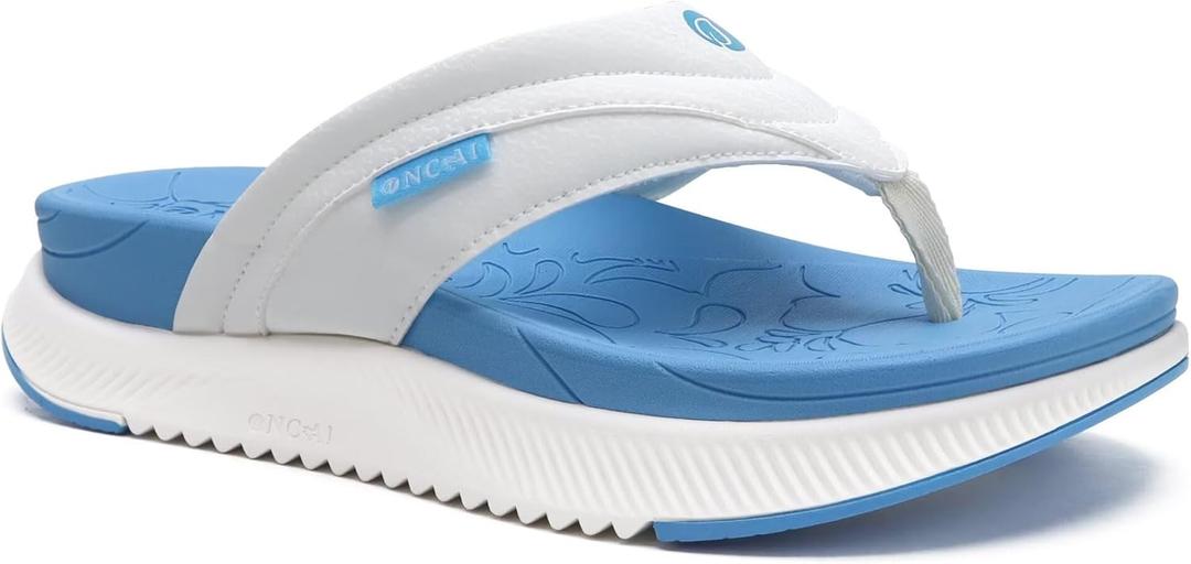 ONCAI Women's Orthotic Cushion Flip Flops Recovery Walking Sandals for Women with Arch Support Summer Comfortable Slip On Flip Flops for Womans Size 6-12 (10, Blue/White)