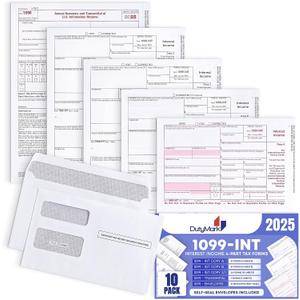 1099 INT Interest Tax Forms Set 4 Part 10 Pack for 2025 And Self-Seal envelopes. Kit For 10 Vendors, Laser Forms Designed for QuickBooks and Accounting Software