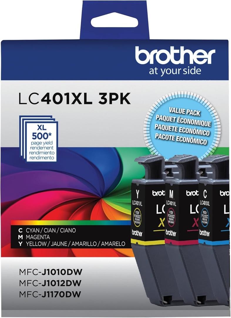 Brother Genuine LC401XL 3PK High Yield 3-Pack Color -Ink -Cartridges Includes 1- -Cartridge Each of Cyan, Magenta and Yellow -Ink.