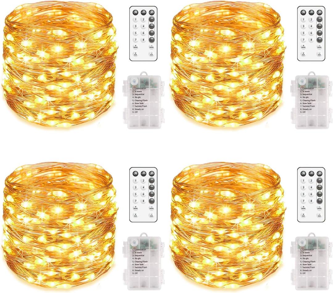 MUMUXI 4 Pack 20 ft Remote Control Fairy Lights Battery Operated String Lights with Timer, 60 LED Twinkle LEDs, Outdoor Waterproof Copper Wire Firefly Lights, Warm White