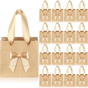 Honoson 50 Pcs Christmas Small Gift Bags with Handle 4 x 2.75 x 4.5 No DIY Mini Paper Bags Bulk with Bow Ribbon for Xmas Party Favor Wedding Birthday Guests Baby Shower(Beige White)