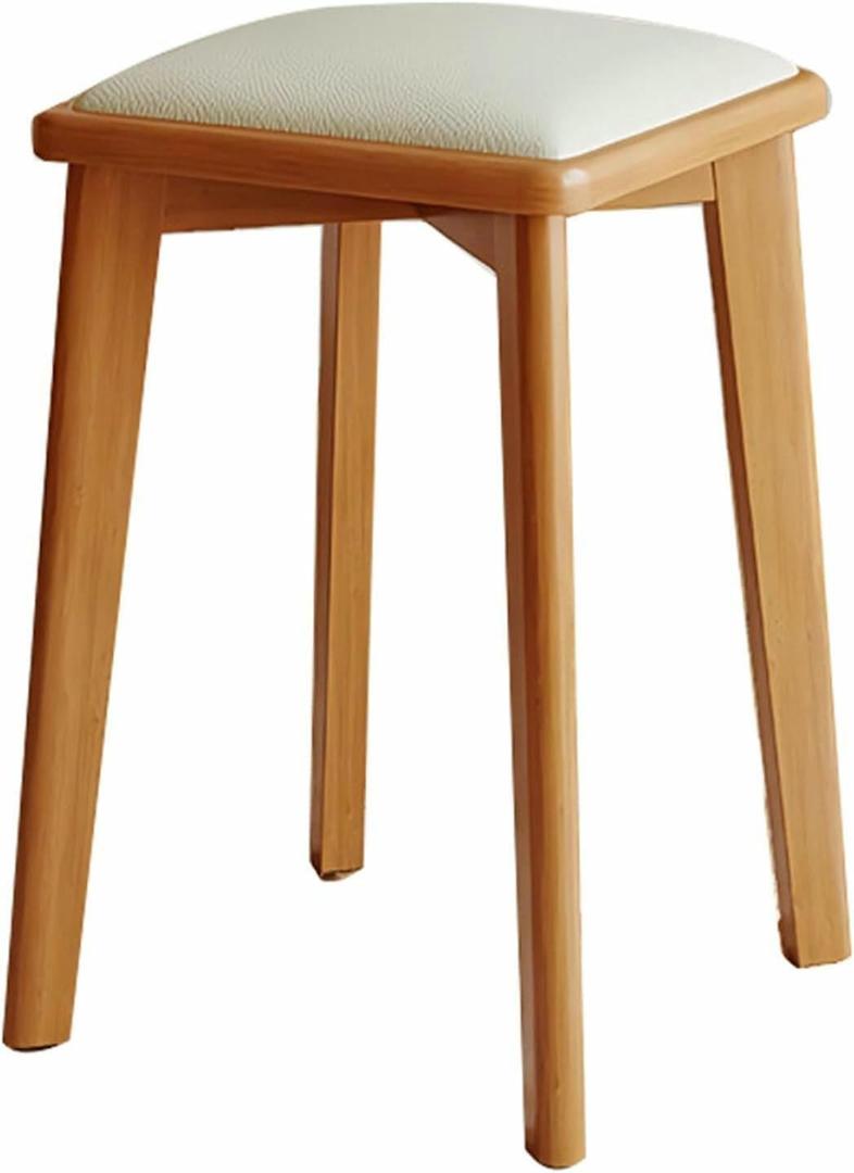 Portable Stack Dining Stools, Square Timber Stool with PU Leather Soft Seat, Foot Pads, Stackable Stools Dressing Stool(White,Original Timber Legs)