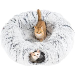 Avont Cat Tunnel Bed for Indoor Cats, Plush Fluffy Kitten Donut Tunnel 3 Shape to Play, Large Kitty Circle Tunnel Under Christmas Tree, Cat Play Toys Gift Ideas -Grey Long-Pile