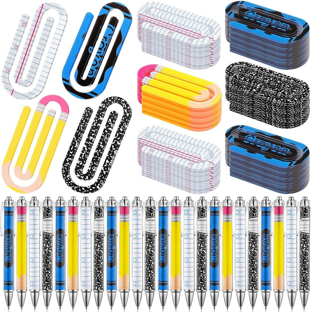 AmazingSpark 24 Sets End of Year Teacher Gifts, Jumbo Acrylic Paper Clips&Teacher Ballpoint Pens, Cute Paperclip Bookmarks Bulk for Back to School, Office Stationery Supplies for Coworkers (4 Style)