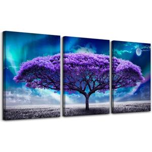 Lapremoly Canvas Wall Art For Living Room Boho Decor Bedroom Farmhouse Pictures Aurora Purple Tree Scenery Paintings Office Prints Modern Dormitory Home Decorations 16'' X 24'' 3 Piece