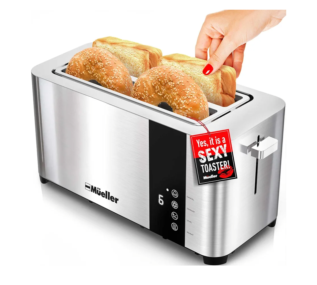 Mueller UltraToast Full Stainless Steel Toaster 4 Slice, Long Extra-Wide Slots for Bagels and Waffles, 6 Browning Levels, LED Display, Cancel/Defrost/Reheat Functions & Removable Tray, Kitchen Gadgets