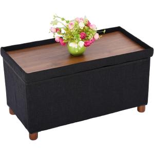 30 Inches Storage Ottoman Bench, Storage Bench with Wooden Legs for Living Room Ottoman Foot Rest Removeable Lid for Bedroom End of Bed, Linen Fabric, Folding Black Ottoman