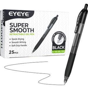 EYEYE G-103 Retractable Gel Pens Black 0.5mm, 25 Pack Extra Fine Point Gel Ink Pens Quick Drying, 0.5 mm Fine Piont Ballpoint Pen Smooth Writing for Office School Supplies